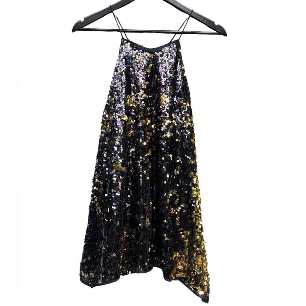 Milly black and gold sequins razor back tank top with silk lining Made in USA
